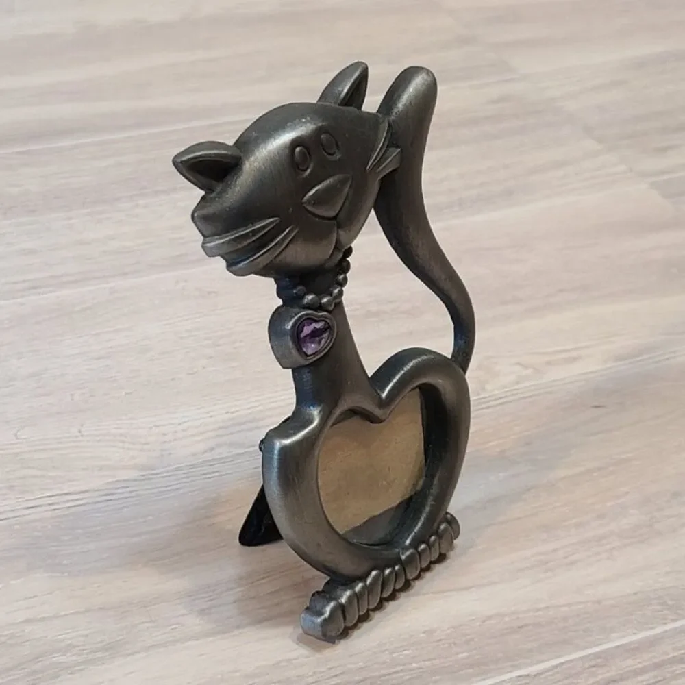 Metal Cat Picture Frame Silver Pewter Holder Purple Heart Accent Pet Decor Gift